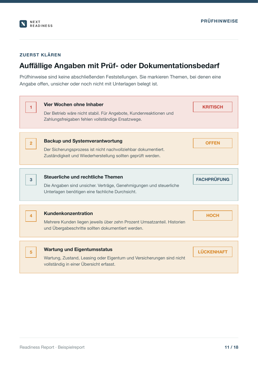 Screenshot aus dem Readiness Report mit Prüflücken und Nachweisen
